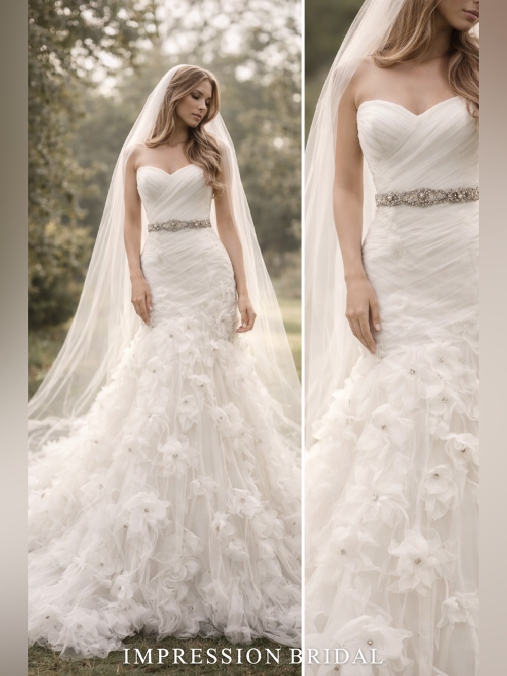 Impression Bridal Mermaid Wedding Dress Floral Tulle + Veil Set Sz 8